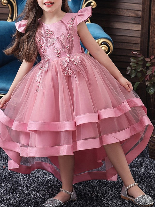 Oknass Sleeveless Jewel Neck A-Line Flower Girl Dress Tulle With Bow Beading Tier