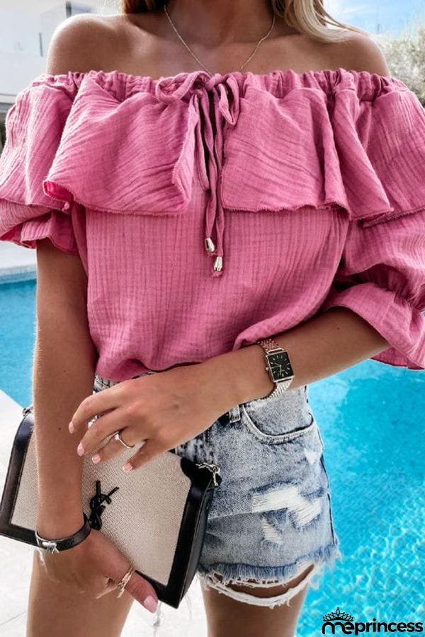 Off Shoulder Ruffle Solid Short Sleeve Shirt