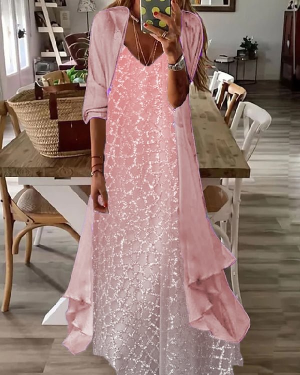 Fake Two Piece Casual V-neck Printed Maxi Dress S-5XL