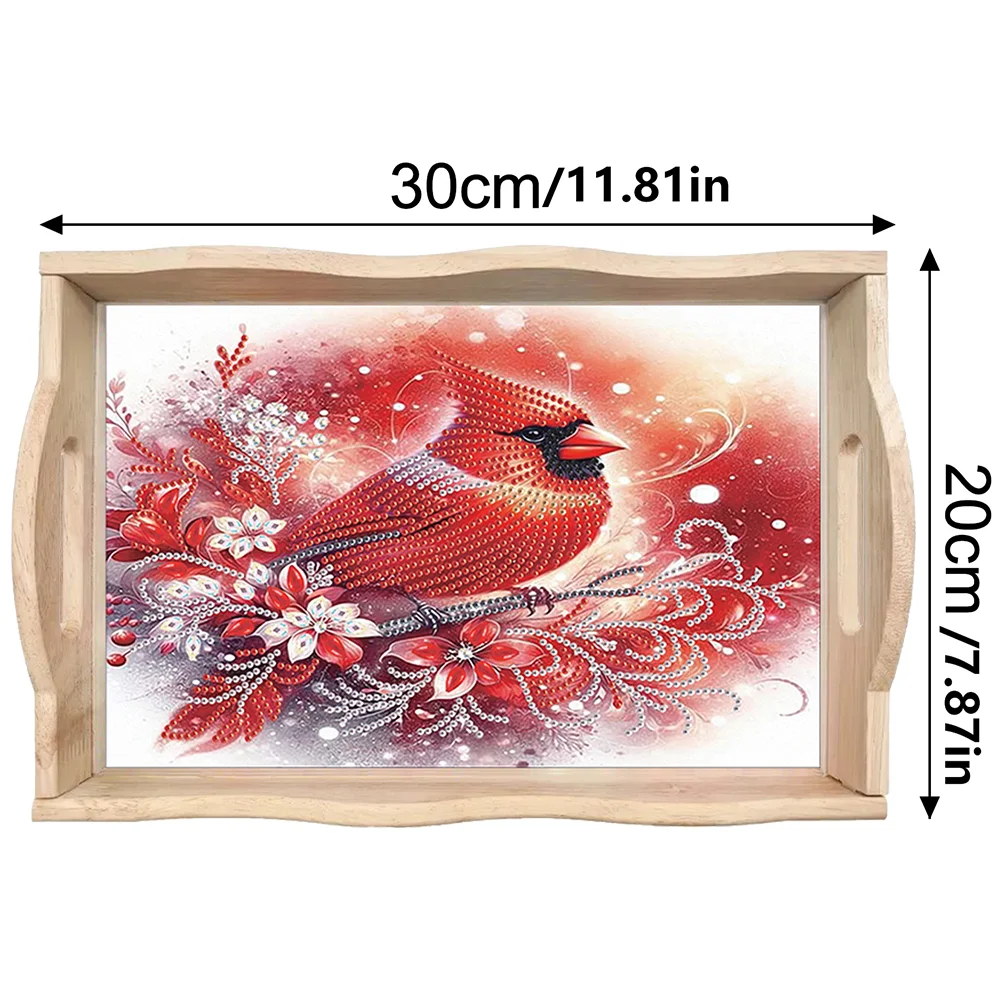 5D DIY Cardinal Diamond Painting Wooden Serving Tray with Handle for Desk