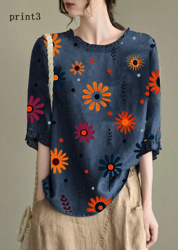 Handmade Navy-print3  lantern Sleeve O-Neck Embroidered Summer Ramie Blouses