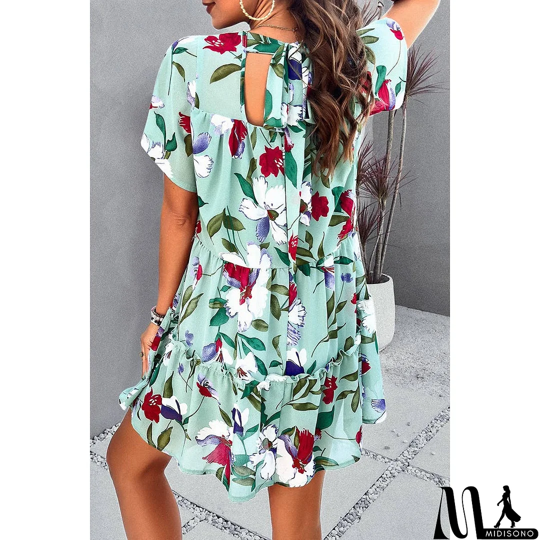 MidiSono - Knot Back Floral Lined Ruffle Loose Dress