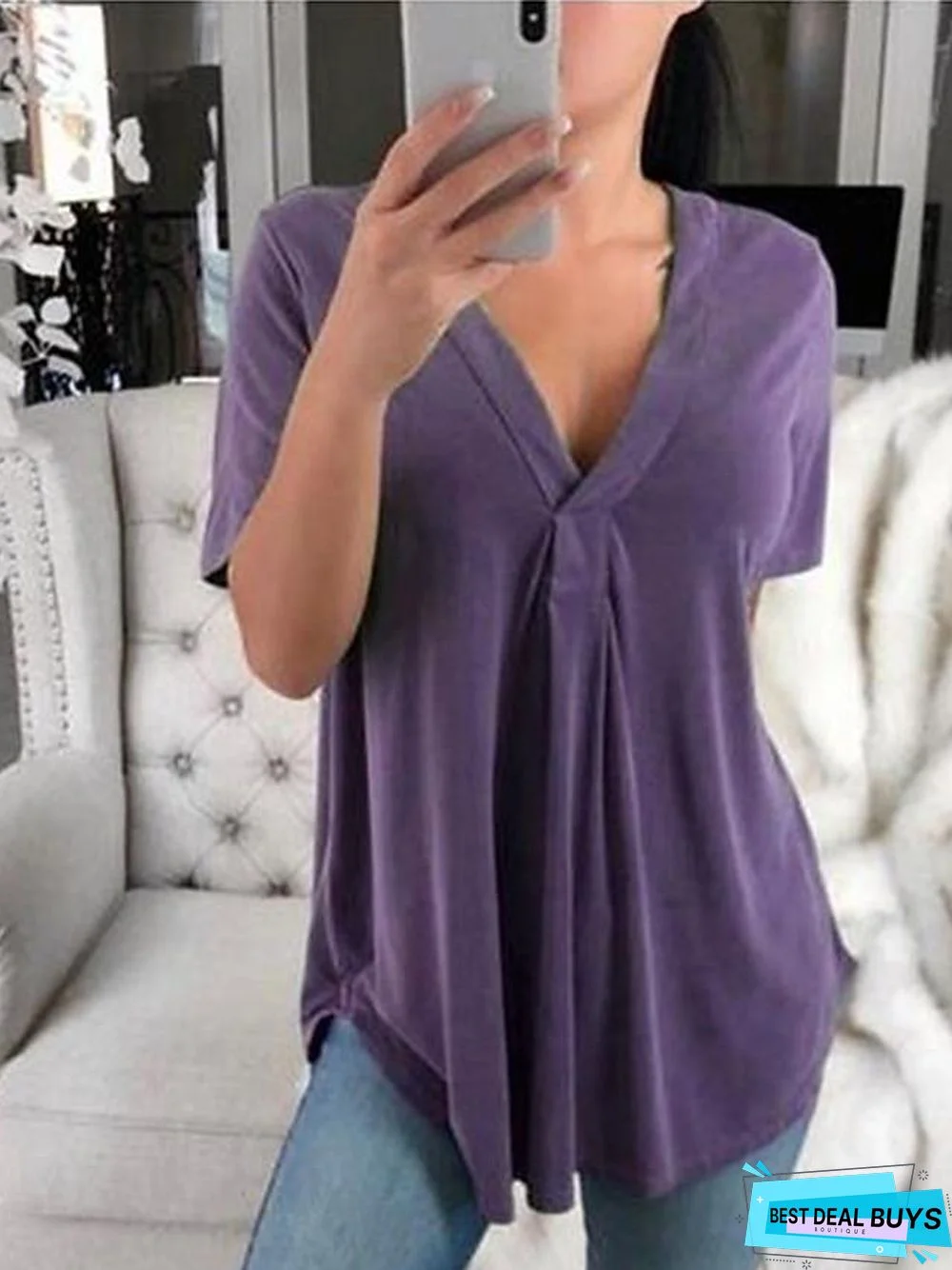 Women's T-Shirt Solid Colored Plain V Neck Tops Loose Basic Top White Black Purple-0203827