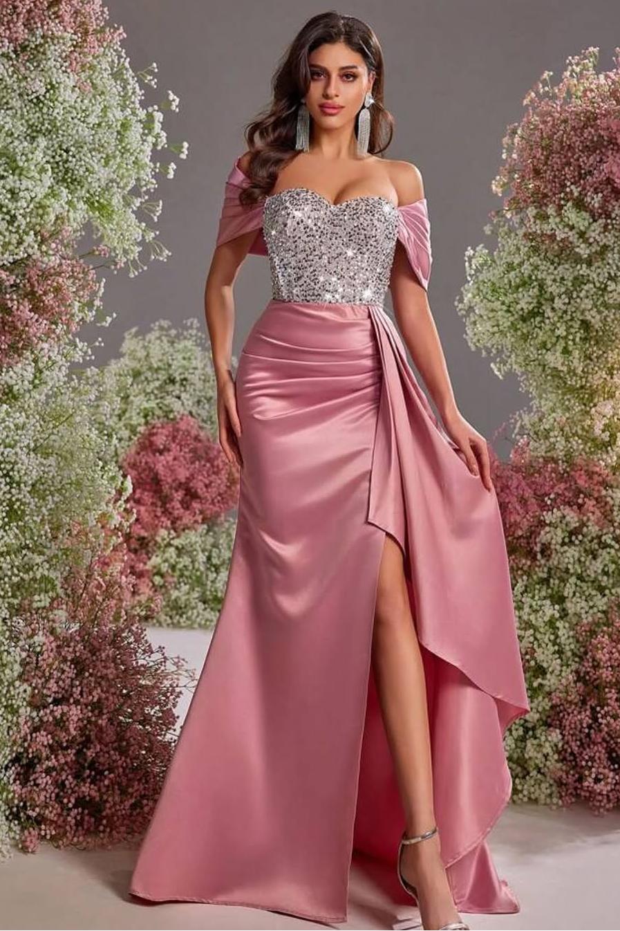 Lussooy Stunning Dusty Rose Off the Shoulder Strapless Long Sequins Prom Dress with Split 