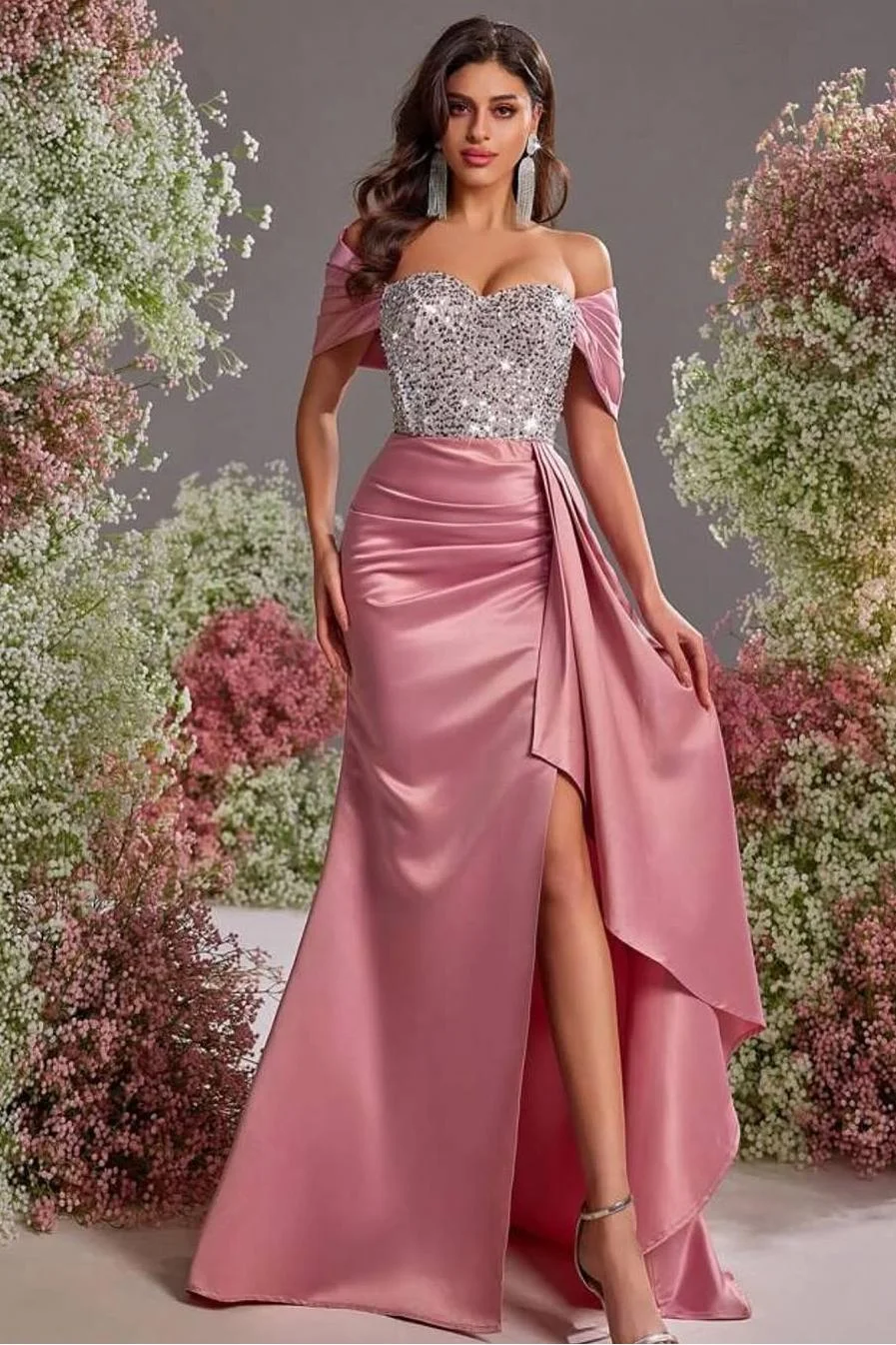 Miabel Stunning Dusty Rose Satin Strapless Off the Shoulder Long Sequins Prom Dress with Split 
