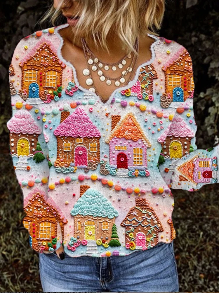 Women's Christmas Gingerbread House Print French Cashmere V-Neck Top-mysite