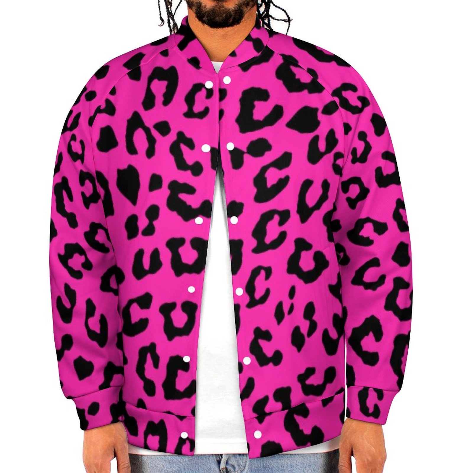Pink And Black Bold Leopard Print Sweatshirt Jacket Mens Casual Lightweight Button Up Bomber Jacket Outwear 2XS-6XL