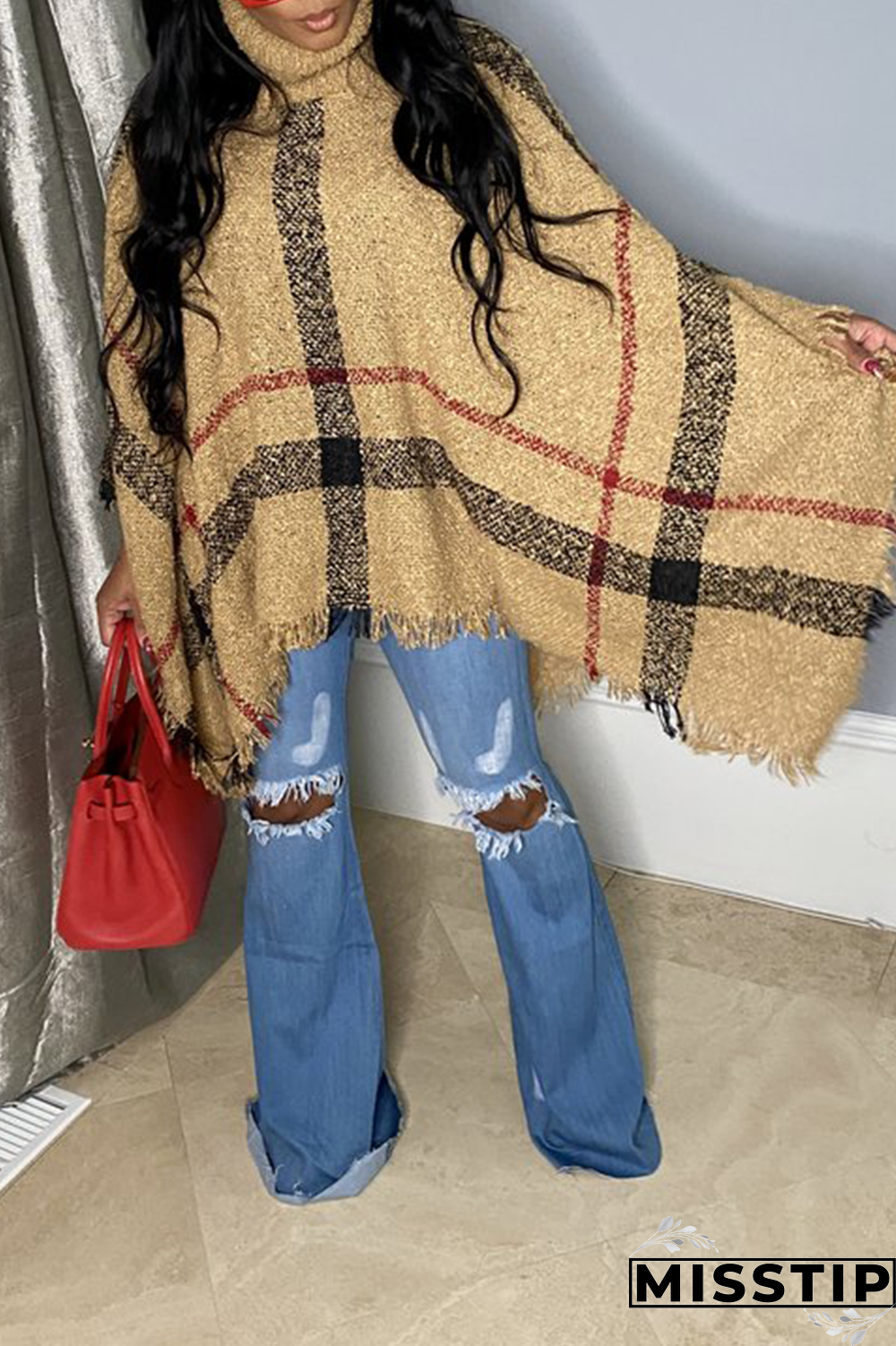 Black Casual Patchwork Tassel Turtleneck Tops