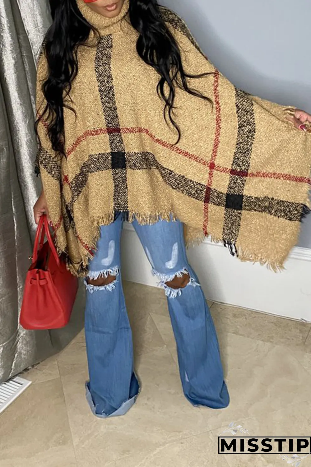 Black Casual Patchwork Tassel Turtleneck Tops
