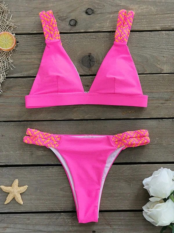 Padded Contrast Color Hollow Spaghetti-Neck Bikini Swimsuit