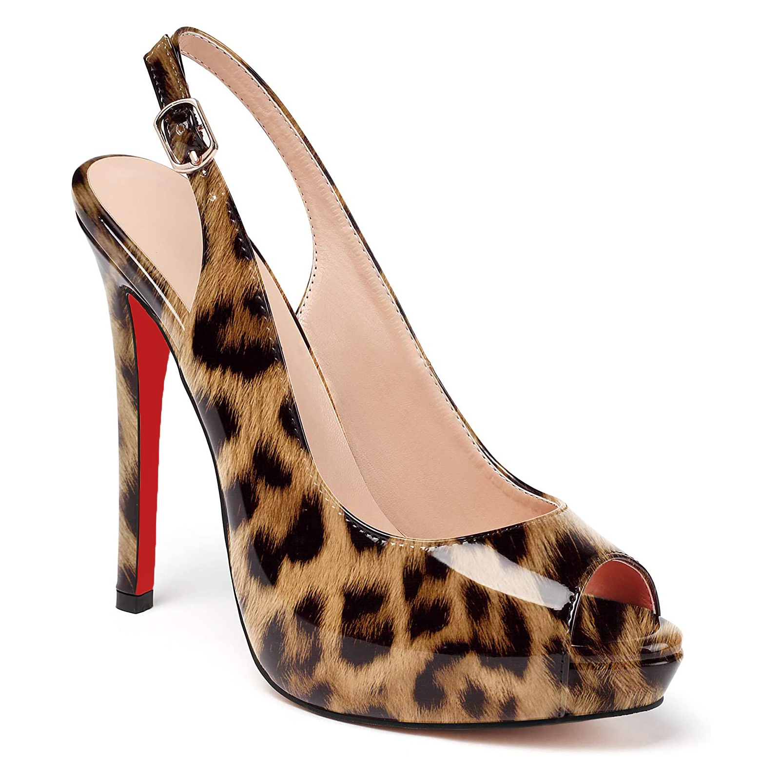120mm Red Bottom Strap Slingback Sandals Peep Toe Platform Stilettos Leopard Patent Heels-MERUMOTE