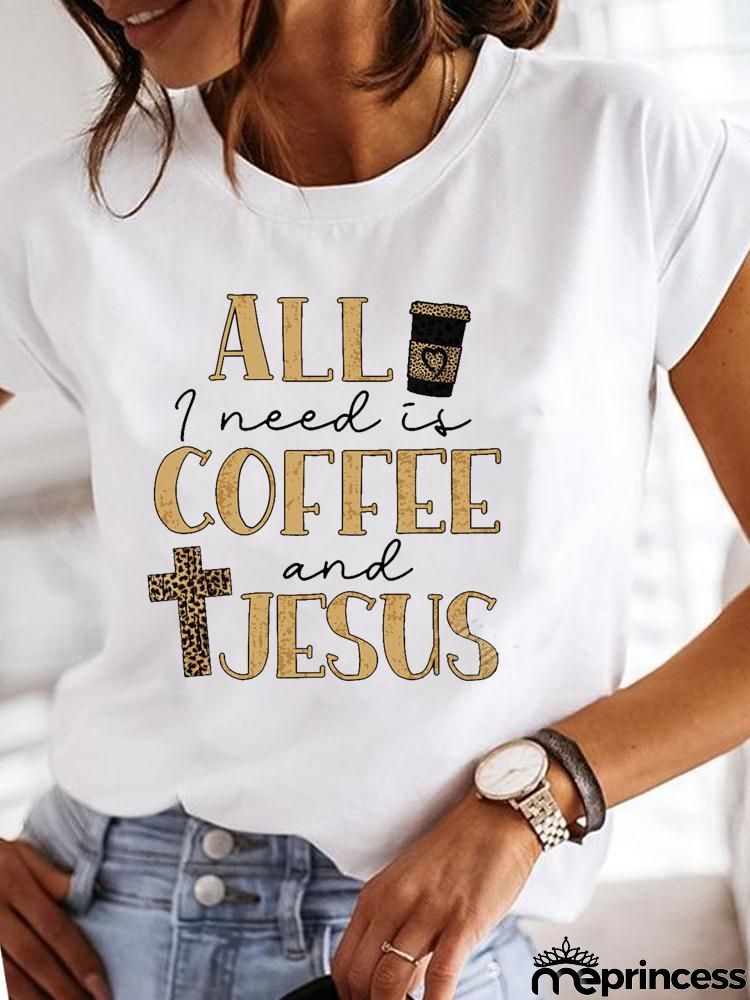 Women Fashion Base Letter Sunflower Cross Print Round Neck Short Sleeve T-Shirt