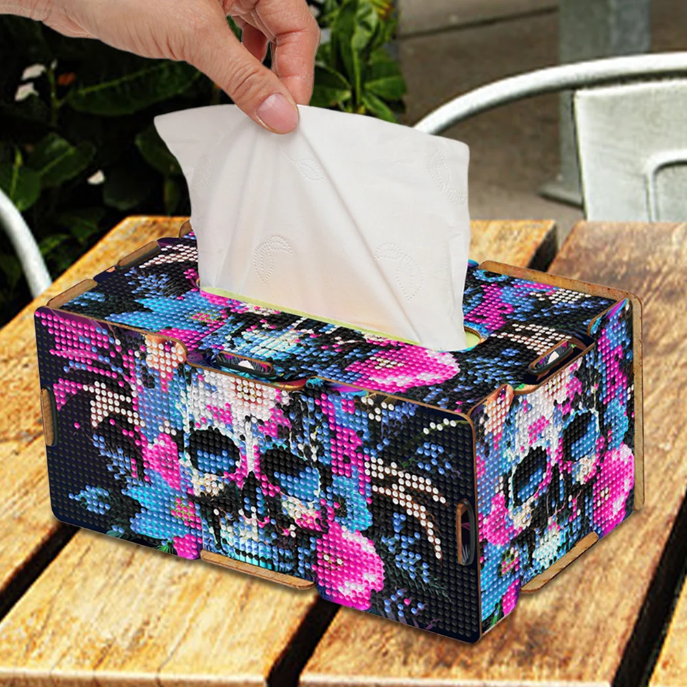 Flower Skull Diamond Painting Tissue Box Wooden Diamond Art Tissue Storage Box