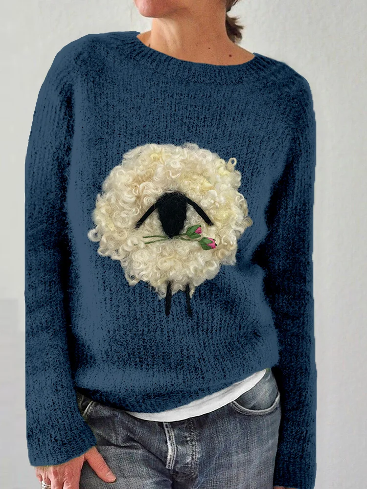 Cute Fuzzy Sheep Felt Art Cozy Knit Sweater