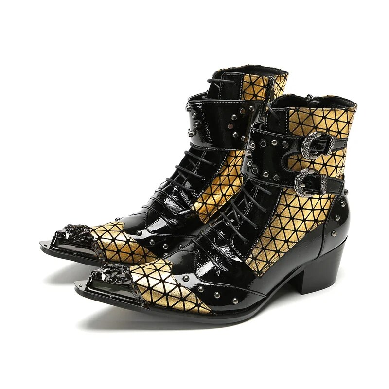 VCSHOES Bota Masculina Shoes Gold Silver Shoes Rivets Pointed Toe Genuine Leather Ankle Boots Men Motorcycle Short Boots