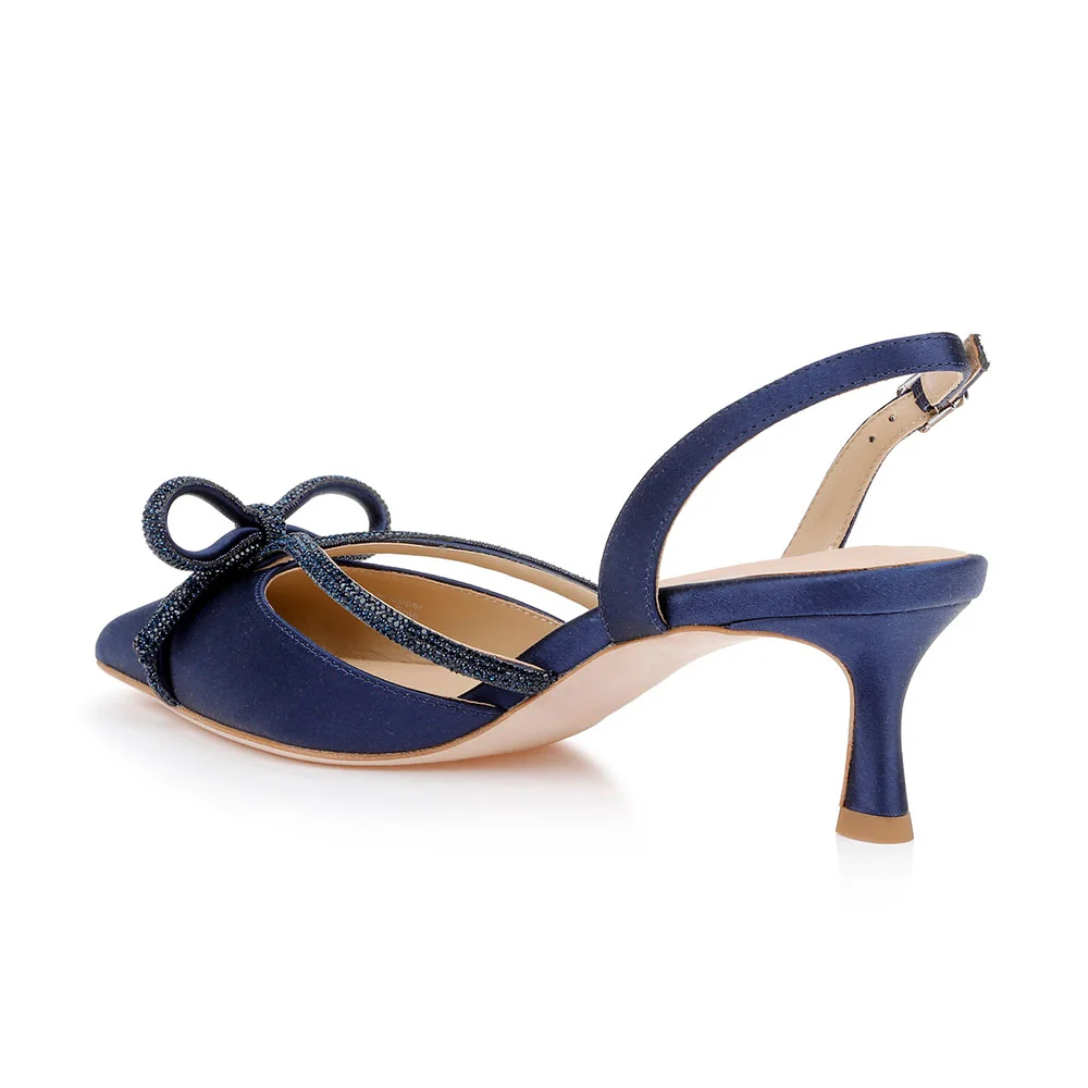YDN Navy Satin Kitten Heel Rhinestone Bow Slingback Pumps
