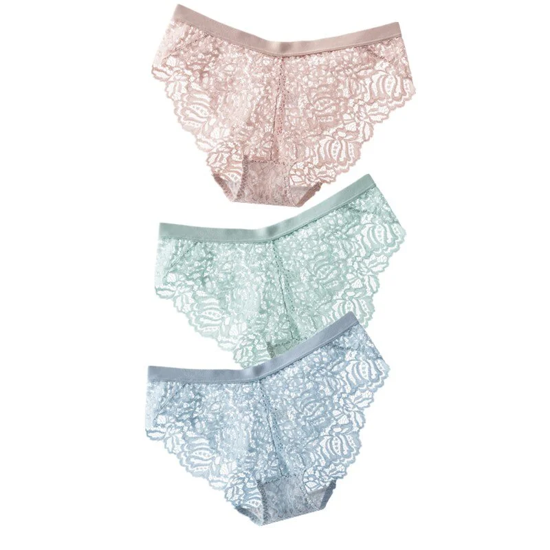 3PCS Sexy Lace Panties Soft Breathable Briefs Women Underwear Ladies Panty Transparent Low-Rise Underpants Lingerie Intimates XL