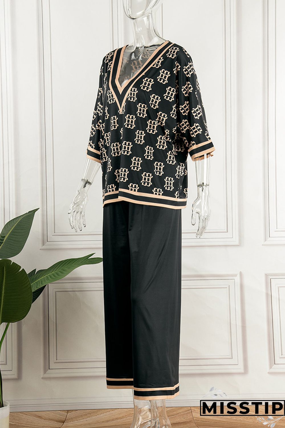 Apricot Casual Print Patchwork V Neck Three Quarter Two Pieces