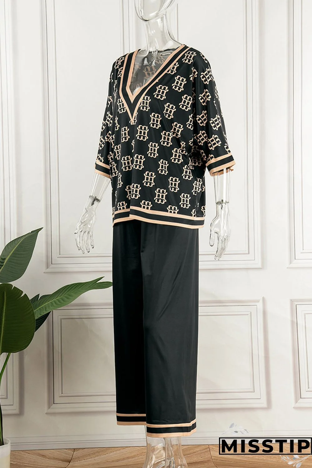 Apricot Casual Print Patchwork V Neck Three Quarter Two Pieces