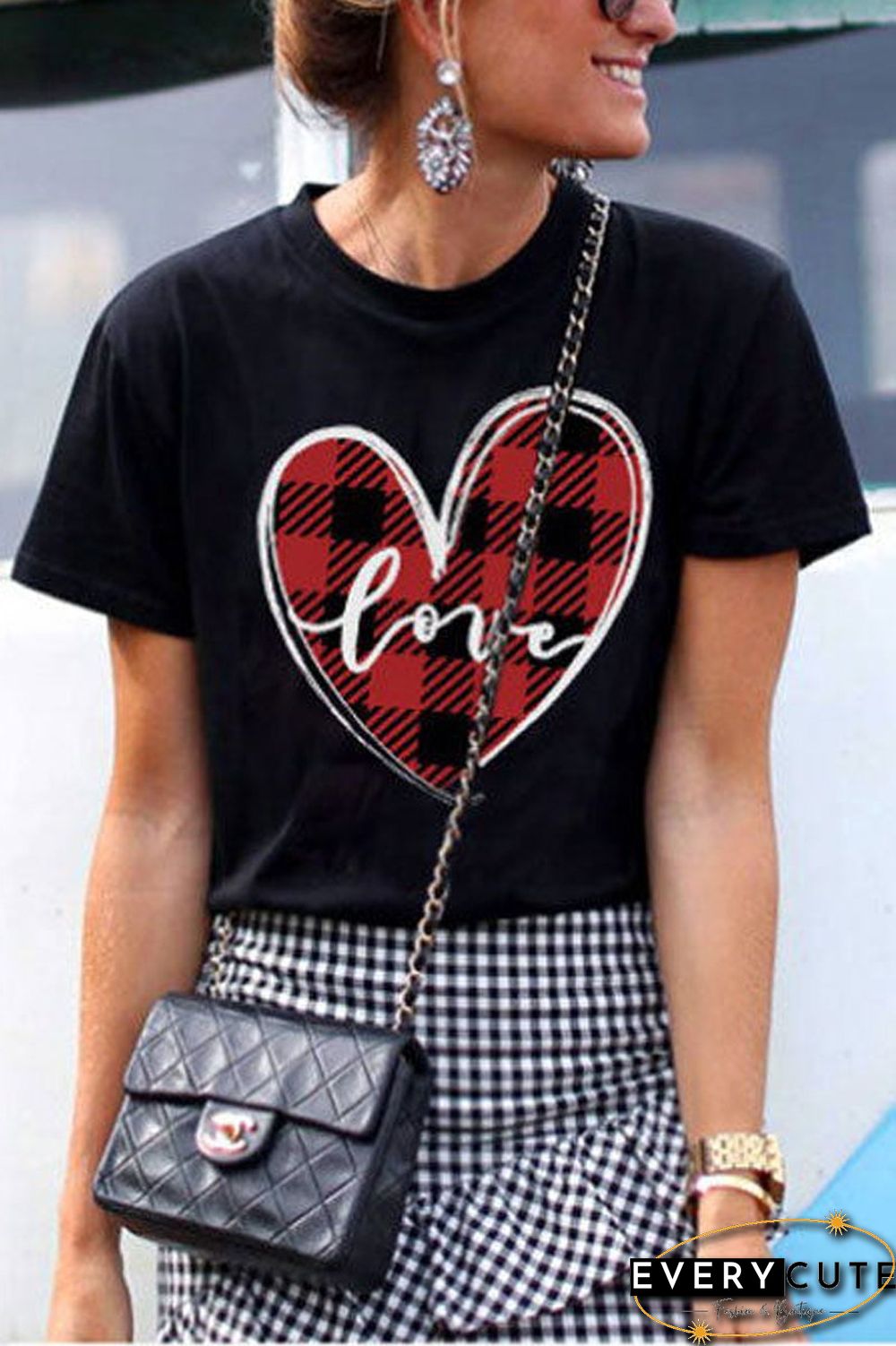 Heart-Shaped Plaid Print T-Shirt