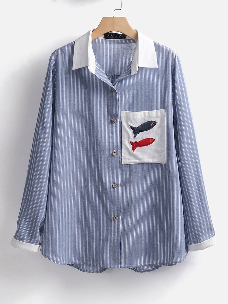 Fish Embroidered Patch Striped Long Sleeve Casual Blouse P1606567