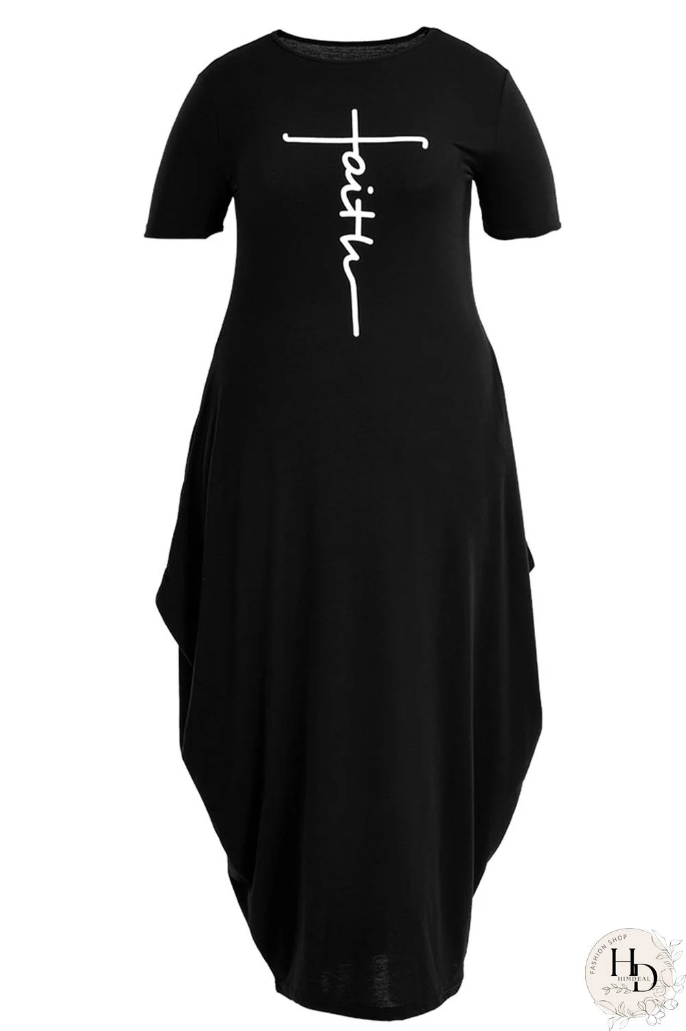 Black Casual Print Split Joint Asymmetrical O Neck Short Sleeve Dress Plus Size Dresses