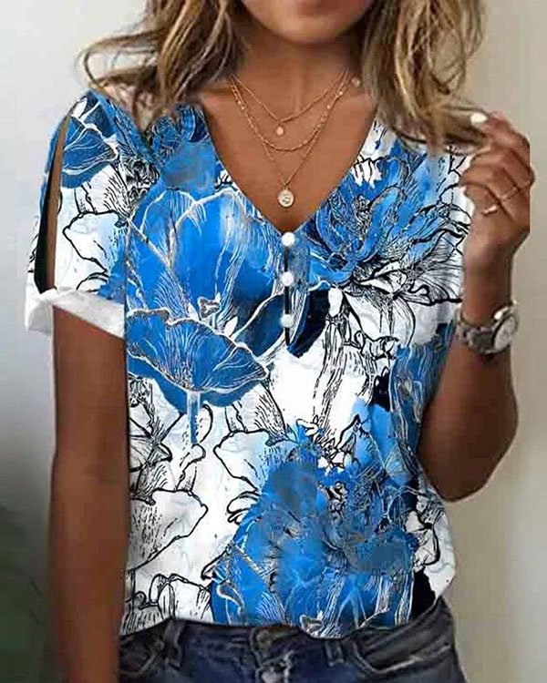 Casual V-neck Regular Pullover Floral Print T-shirt
