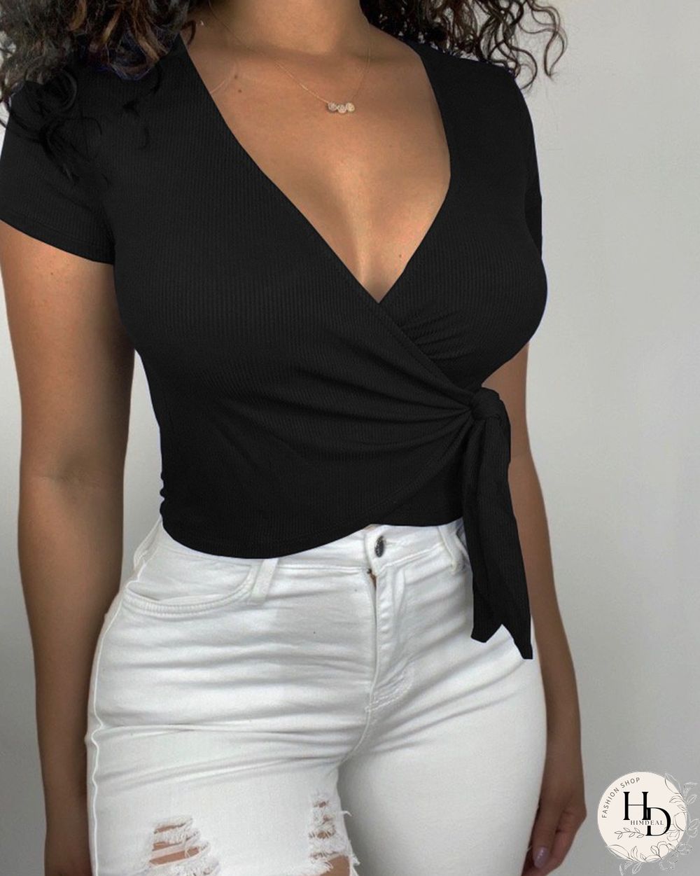 Solid Color V-Neck Wrap Crop Top