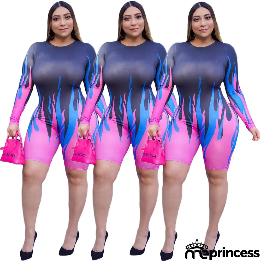 Sexy Women's Plus Size Flame Print Long-Sleeved Jumpsuit
