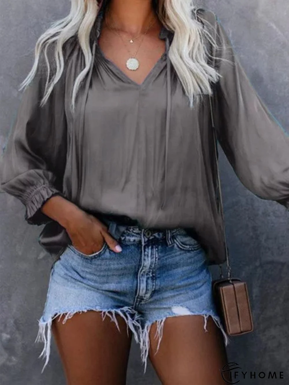 Casual V Neck Long Sleeve Solid Tunic Shirt | IFYHOME