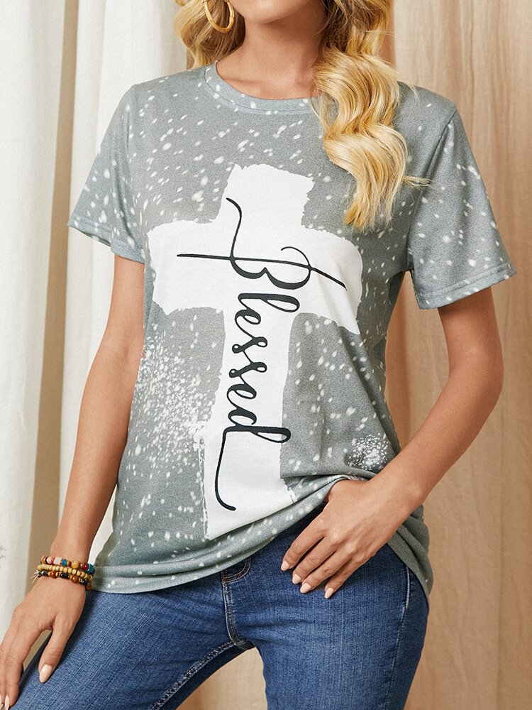 Dot Cross Letters Print Short Sleeve O neck Casual T shirt P1858637