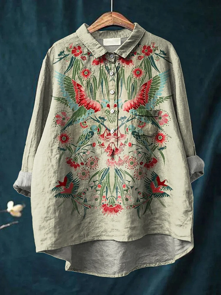 Women's Vintage Ethnic Lovely Birds Floral Art Print Casual Cotton And Linen Shirt