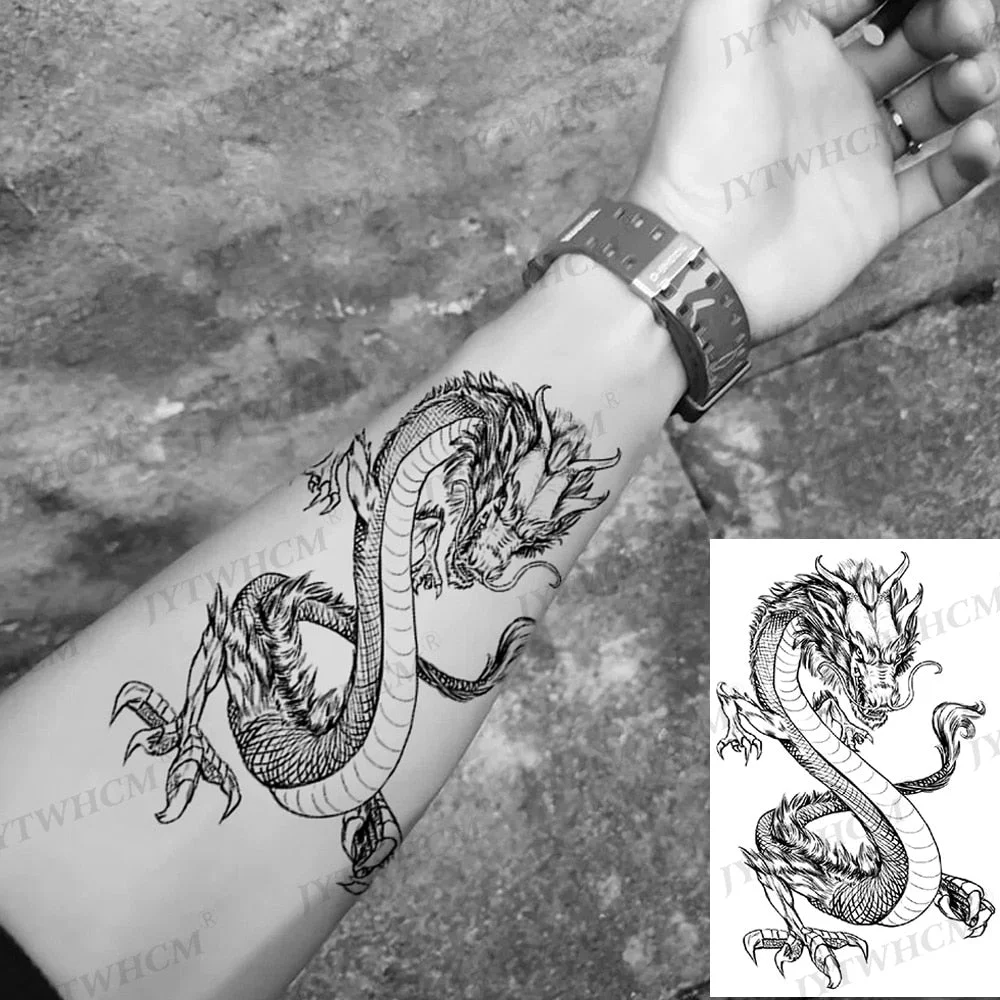 Dragon Waterproof Temporary Tattoo Letter Stickers Lotus Tattoos Sword Tiger Body Art Half Arm Fake Tattoo Sleeves Women Men