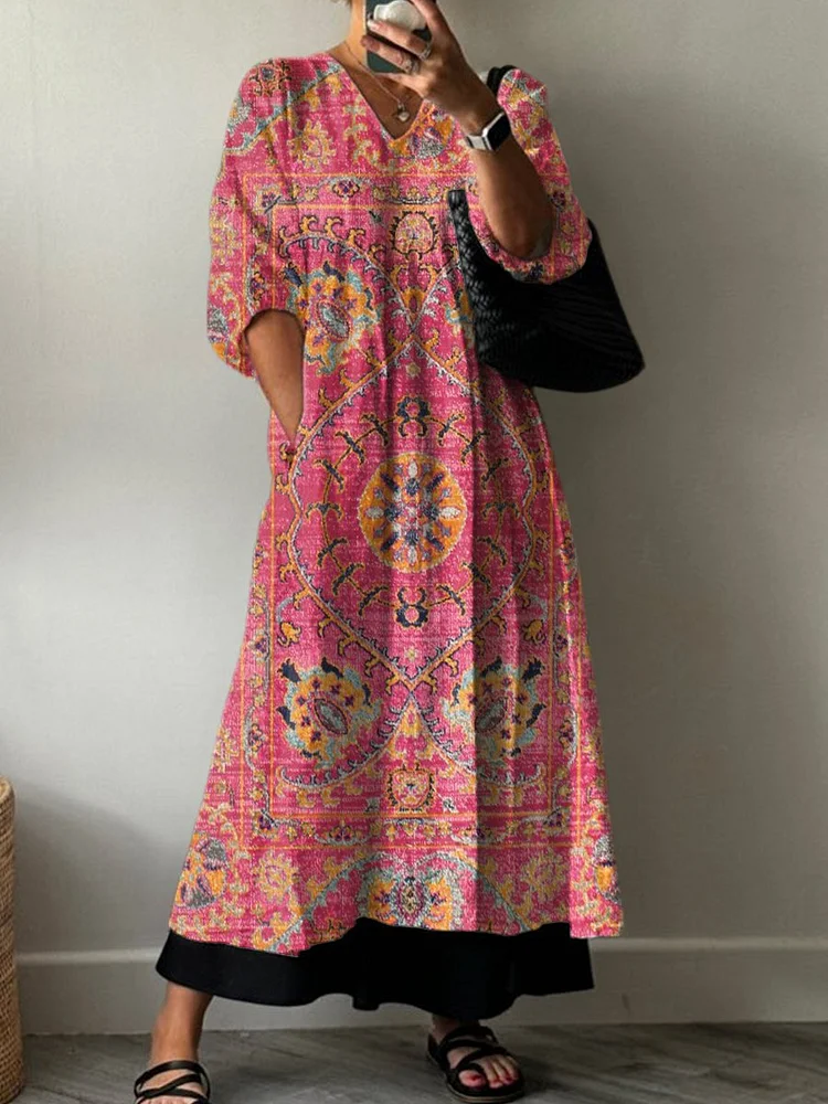 Women's Retro Floral Print Pocket V-neck Cotton Dress