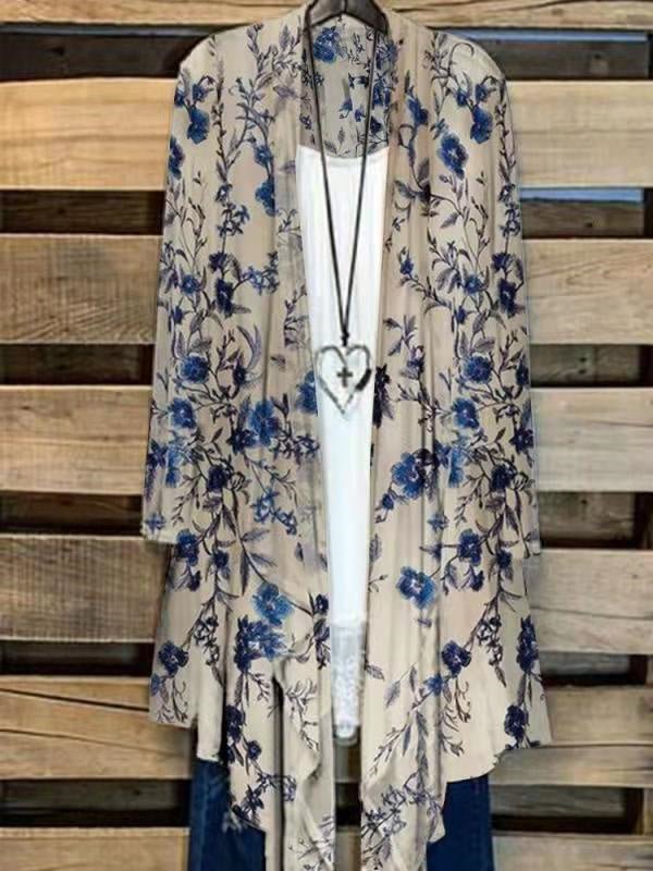 Women's Long Sleeve Casual Floral Printed Colorblock Graphic Loose Cardigan Coat
