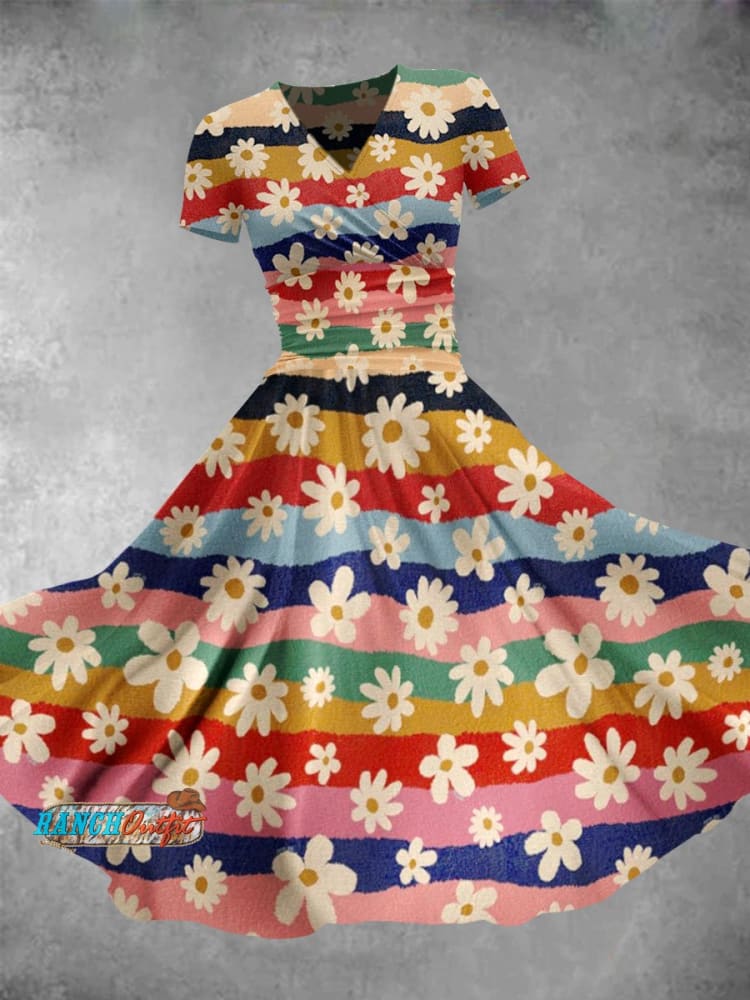 Women’s Vintage Stamens Daisies Print Maxi Dress Multicolor / S