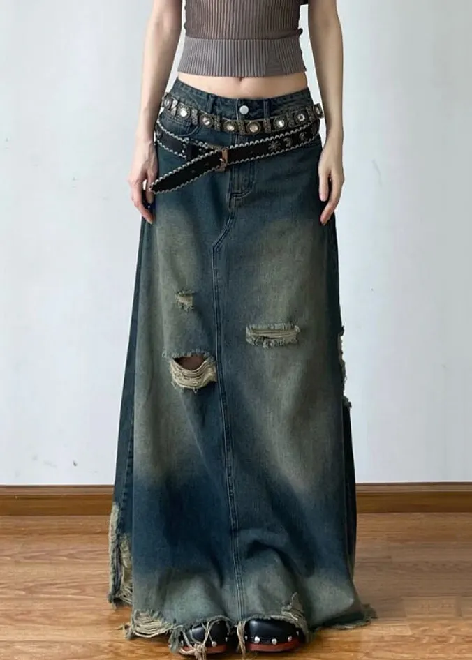 Beau Blue Buttoned Front High Waist Side Pockets Denim Maxi Skirt