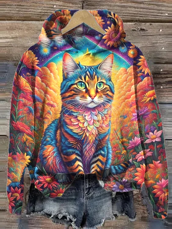 Women's Cloud Cat Print Loose Hooded Sweatshirt socialshop