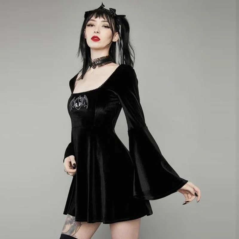 InsGoth Vintage Black Embroidery Mini Dress Goth High Waist Party Dress Aesthetic Velvet Flare Long Sleeve A Line Women Dresses