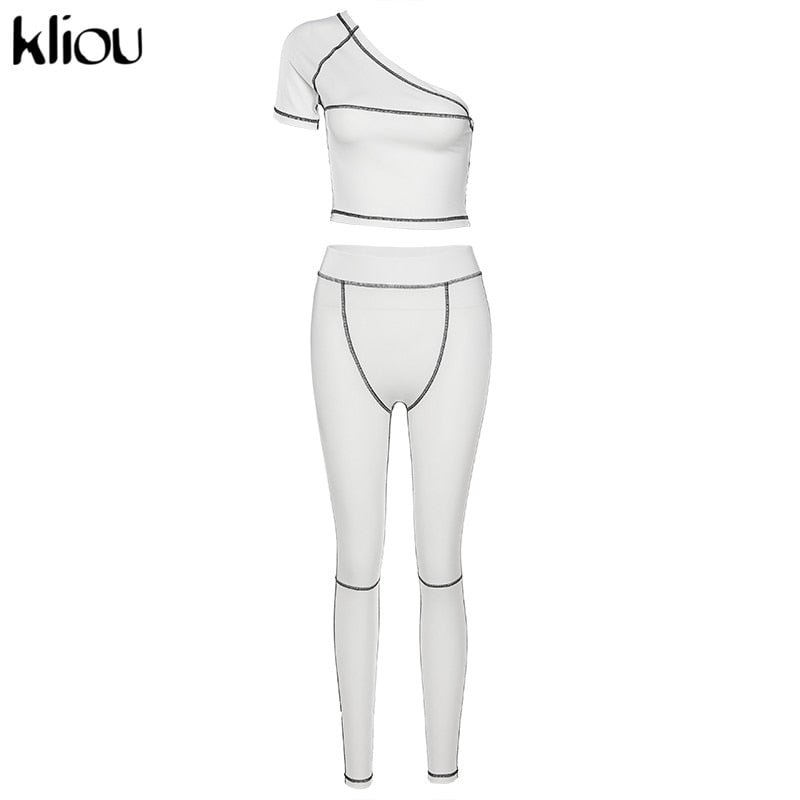 Kliou tracksuit women 2 piece set women one-shoulder crop top high waist pants summer fashion streetwear sportswear outfit
