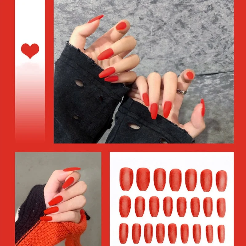 24pcs/box Full Cover fake Press on Nails Matte Yellow Pure Acrylic Frosted Ballerina acrylic for nails for Women free shipping-Nail Inspo