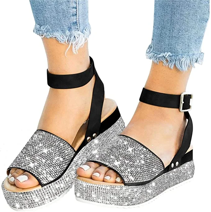 Custom Made Rhinestones Sandals Ankle Strap Wedge Shoes |FSJ Shoes