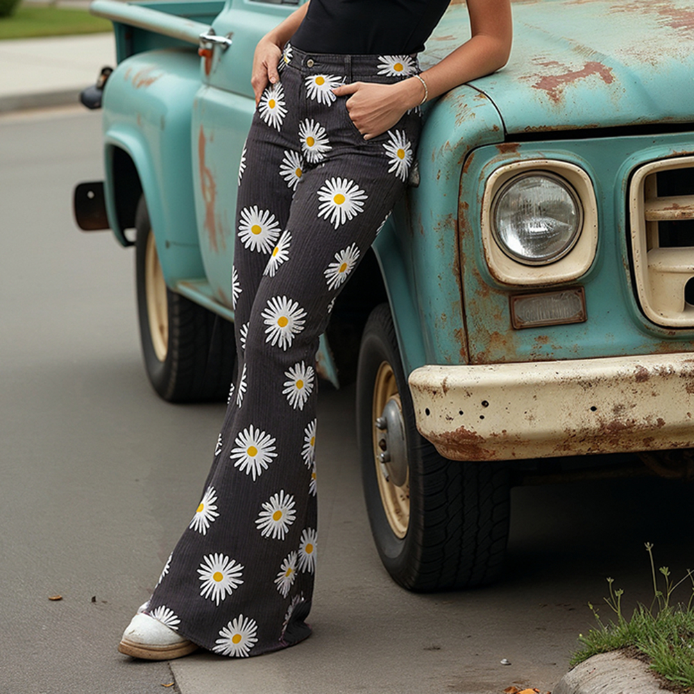Western Retro Outdoor Floral Flared Pants Women's Casual Slim Fit Trousers