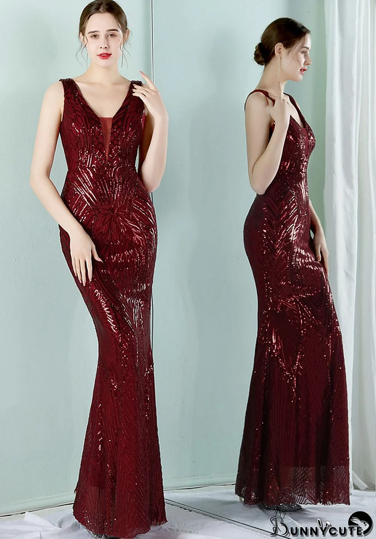 Women Summer Burgunry Formal V-neck Sleeveless Patchwork Sequined Mermaid Evening Dress