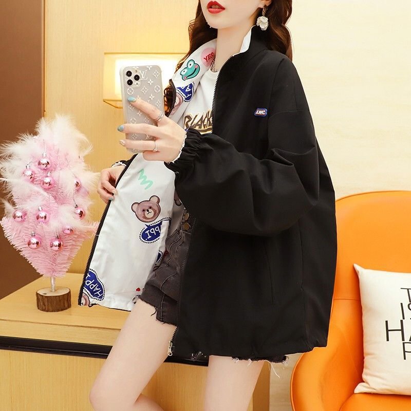 Suofun Casual O-Neck  Zipper New Spring 2021 Fahsion Loose Net Red Fried Street Top Print Double Sided Spring And Autumn Jacket