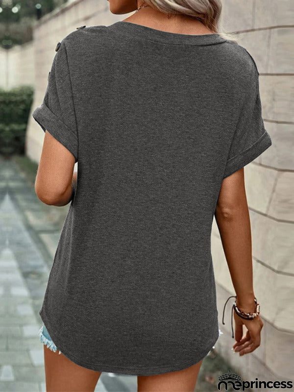 Solid Short Sleeve V-Neck Top with Buttons