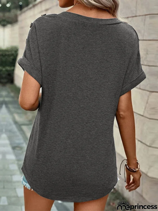 Solid Short Sleeve V-Neck Top with Buttons