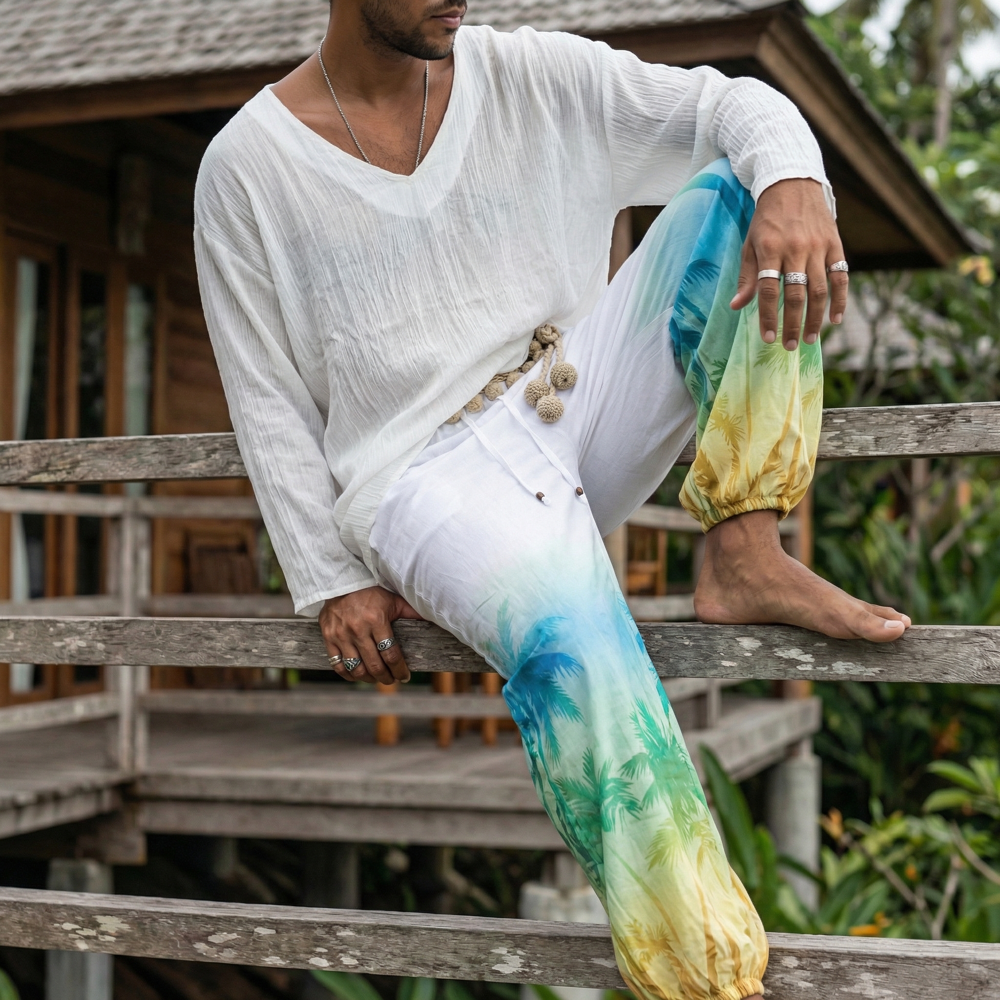 Linen-Cotton Draped Tunic with Fringe Hem - Boho Men's Long Sleeve Loose Top