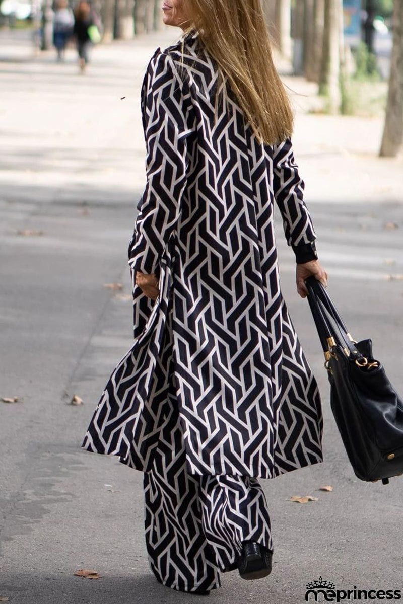 Elegant Geometric Print Sequins Printing Cardigan Collar Long Sleeve Two Pieces