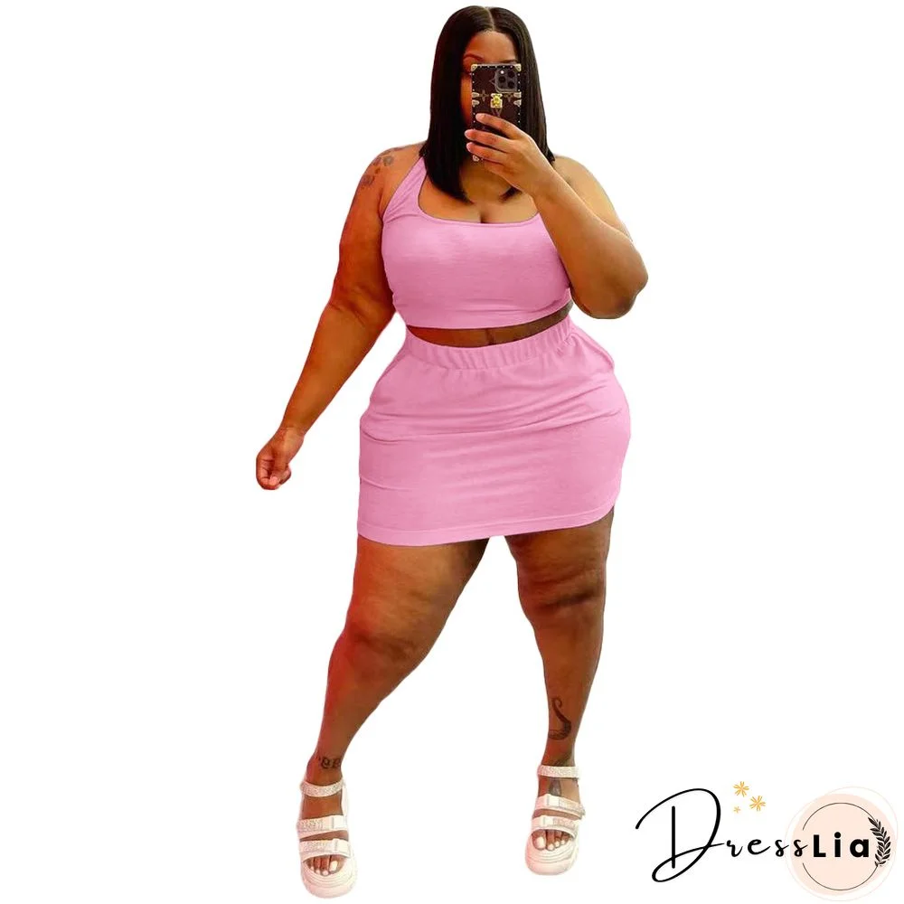 Plus Size Summer Solid Women Square Neck Sleeveless Crop Top+Elastic Waist Mini Skirt 2 Piece Set